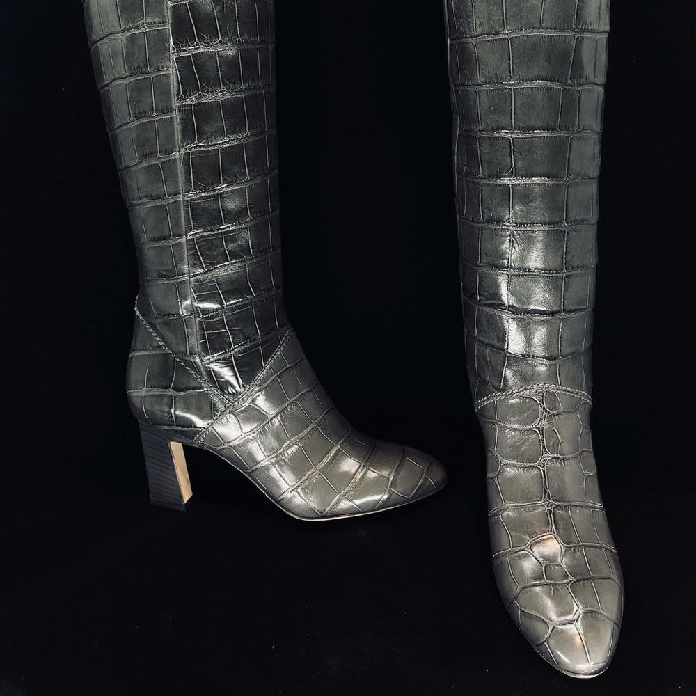 One of a kind!!!!! Brian Atwood Porosus Crocodile pull on boots in Grey